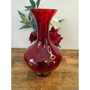 Vintage Ruby Red Art Glass Vase Large Mid Century Statement Decor MCM Gothic